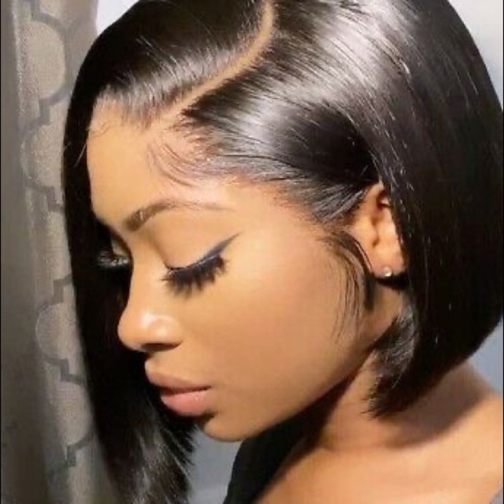 - 10” SHORT BLACK BOB HUMAN HAIR STRAIGHT LACE-FRONT